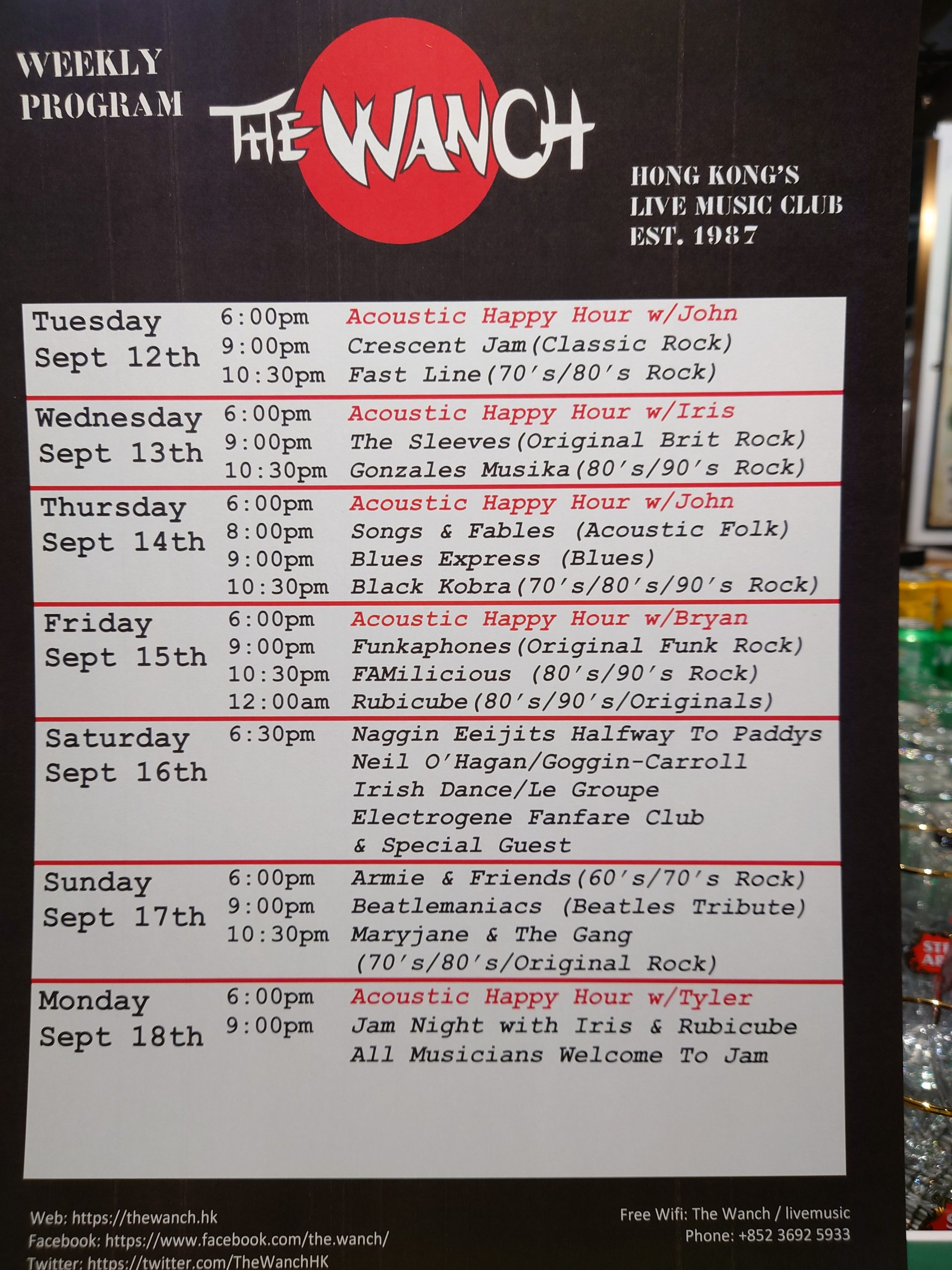 The Wanch Music Line-up Sept 12th thru 18th