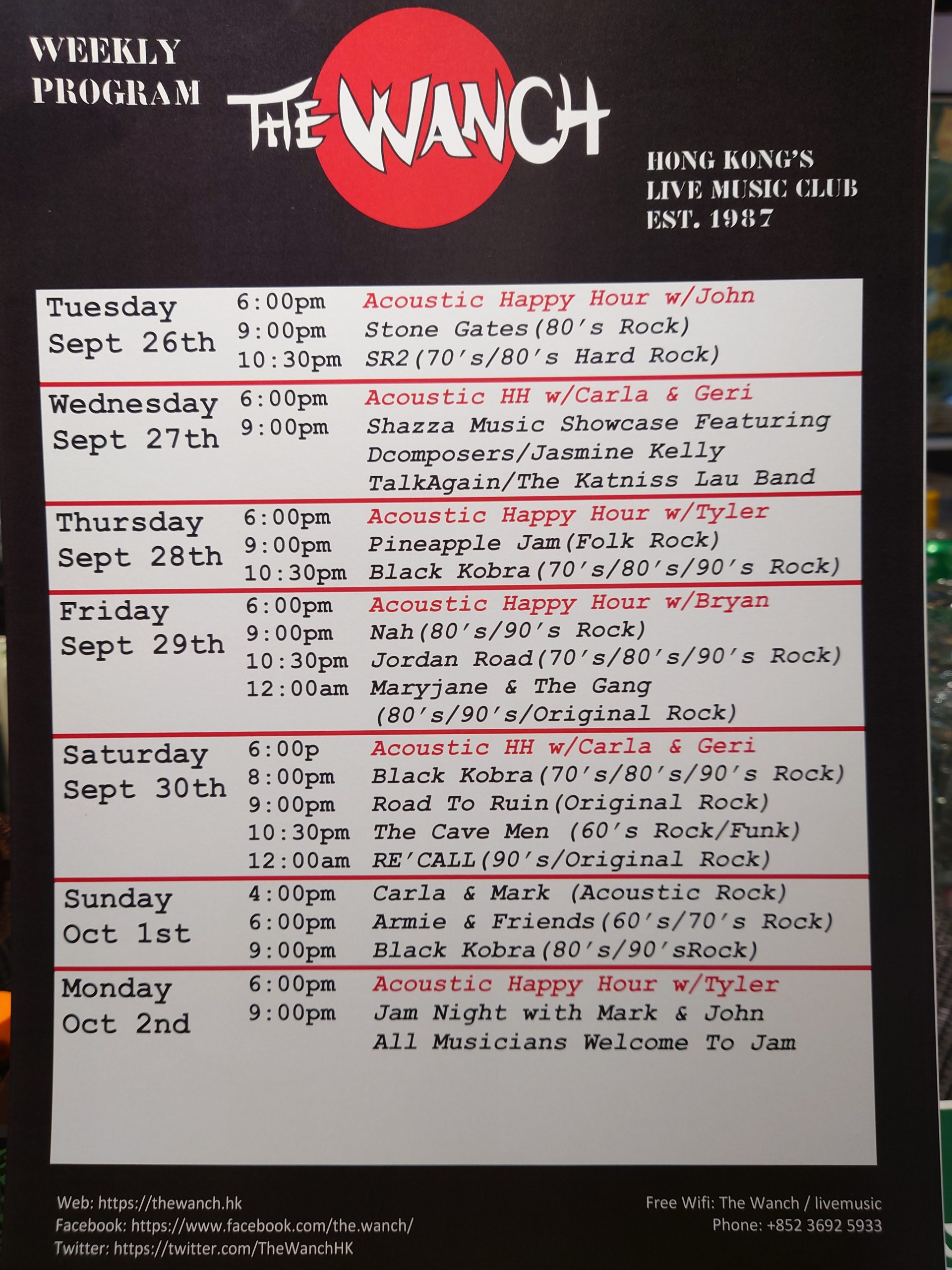 Wanch Music Schedule Sept 26th thru Oct 2nd