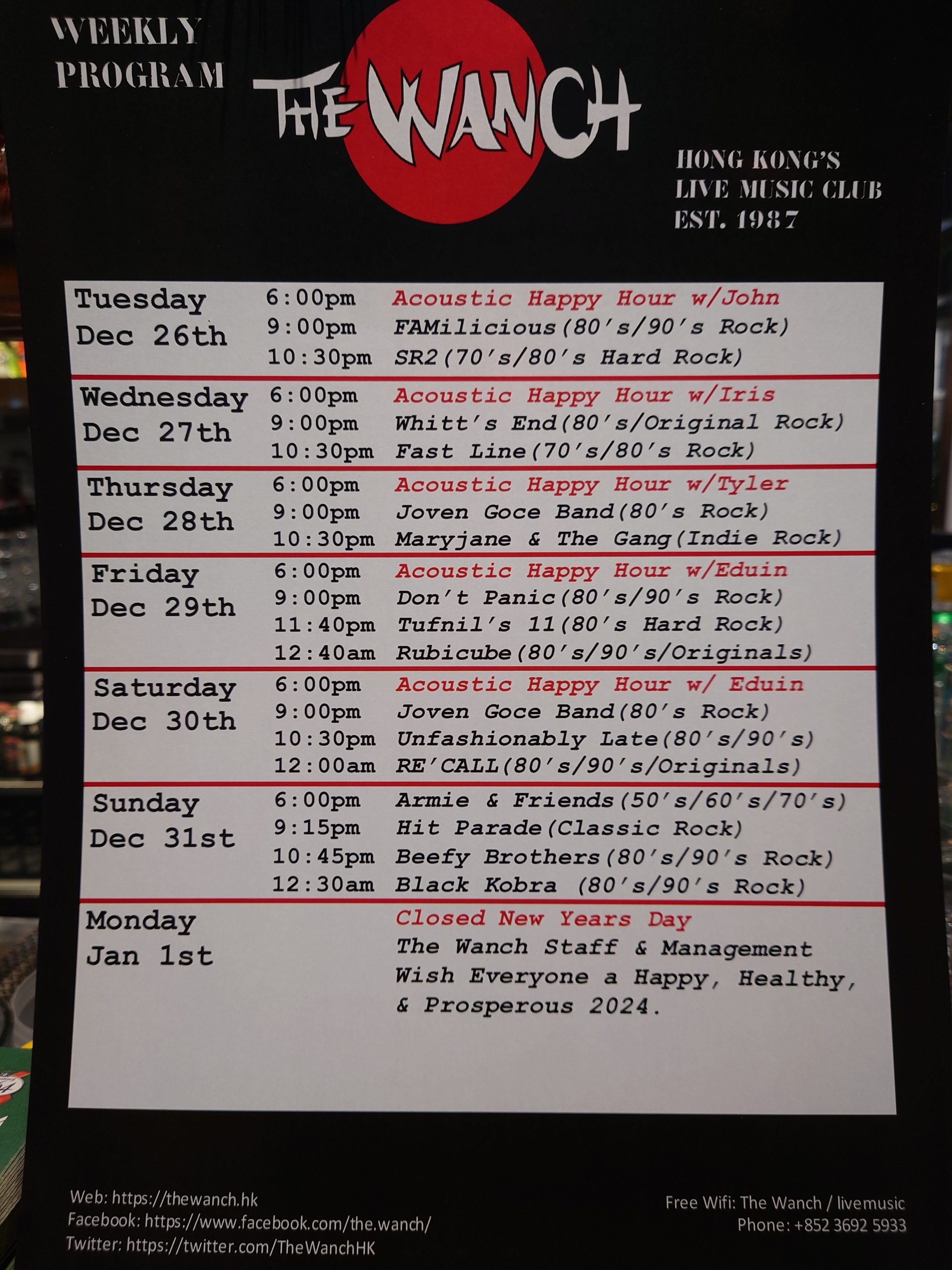 Wanch Music Line-Up Dec 27th thru Jan 1st