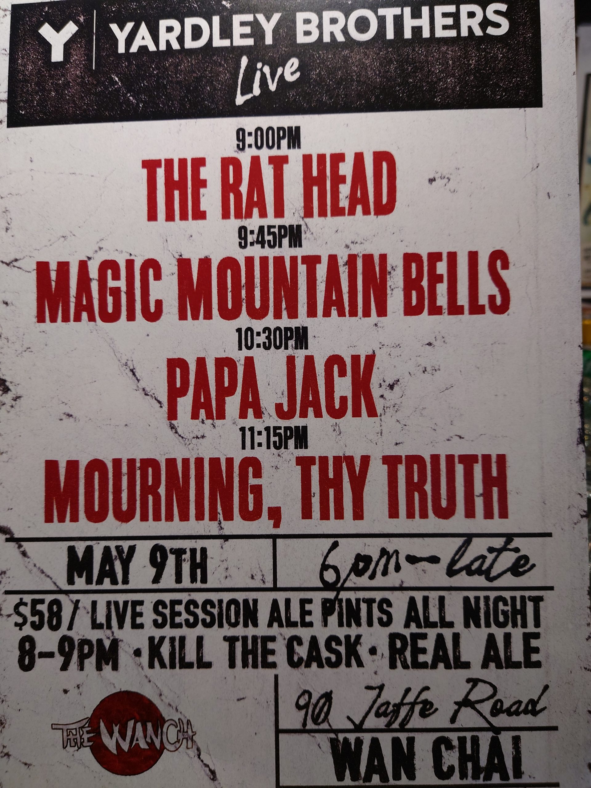 6pm Acoustic Happy Hour Featuring John of RE’CALL 9pm Yardley Brothers Live Featuring The Rat Head, Magic Mountain Bells, Papa Jack, & Mourning Thy Truth