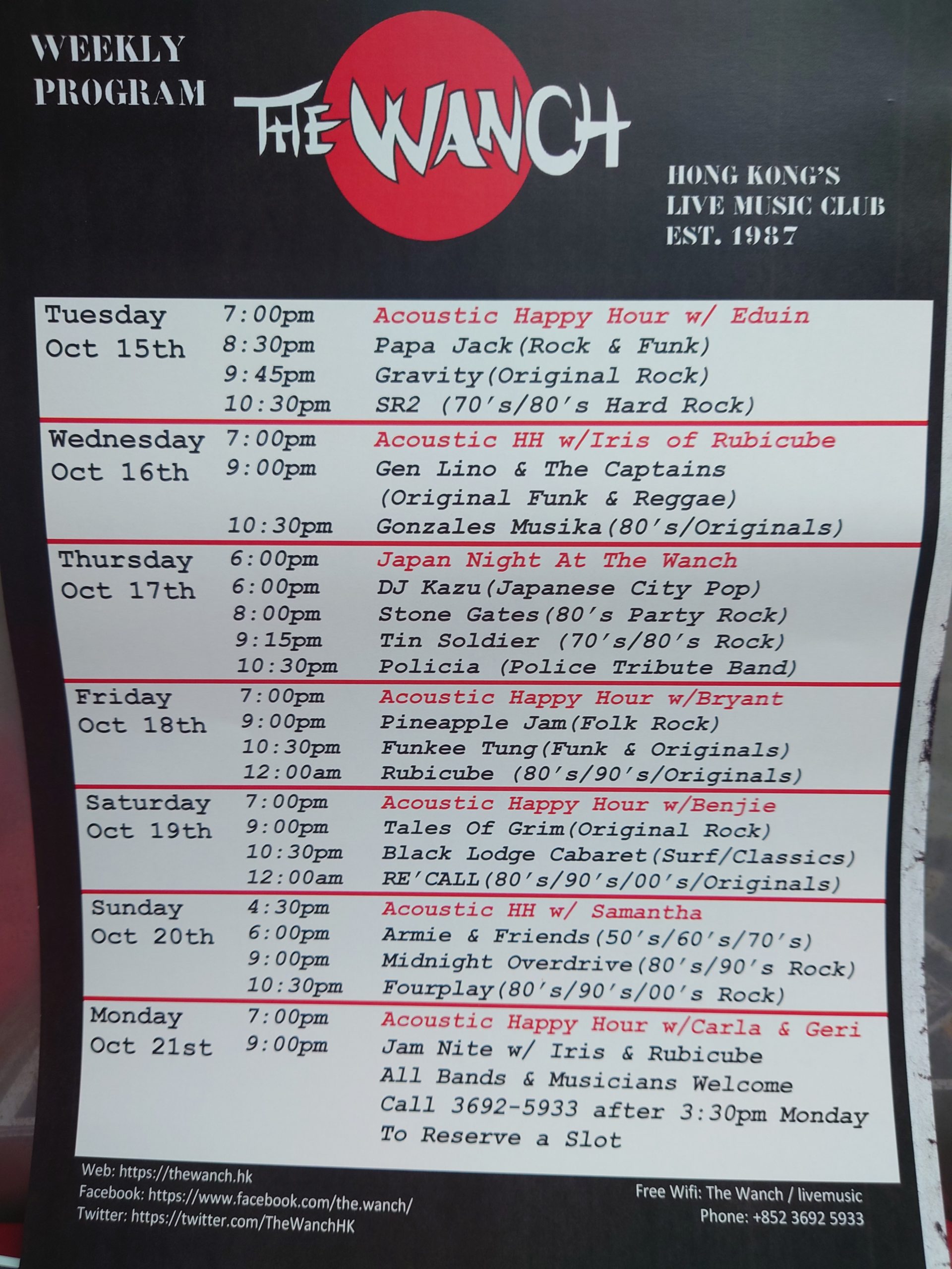 Wanch Show Schedule Oct 15th thru Oct 21st.