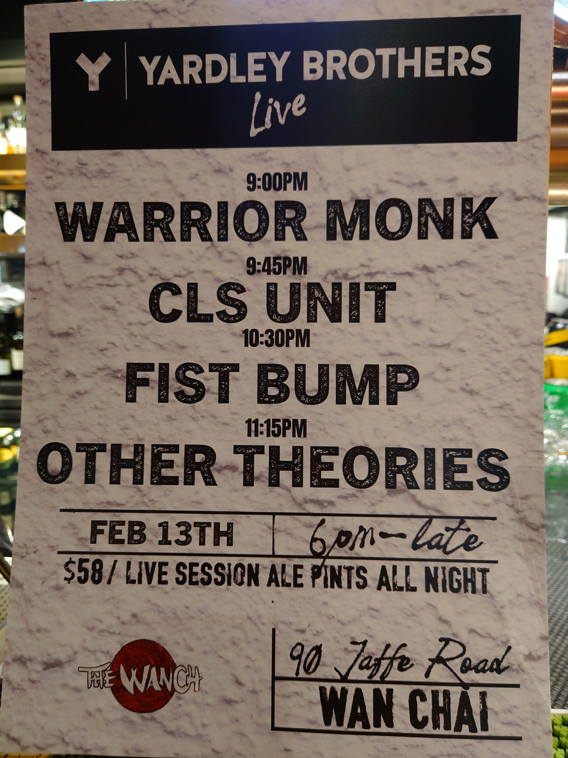 7pm Acoustic Happy Hour Featuring LarryZ 9pm Yardley Brothers Live Featuring Warrior Monk, CLS Unit, Fist Bump, & Other Theories Live Session Ale $58/pint all night