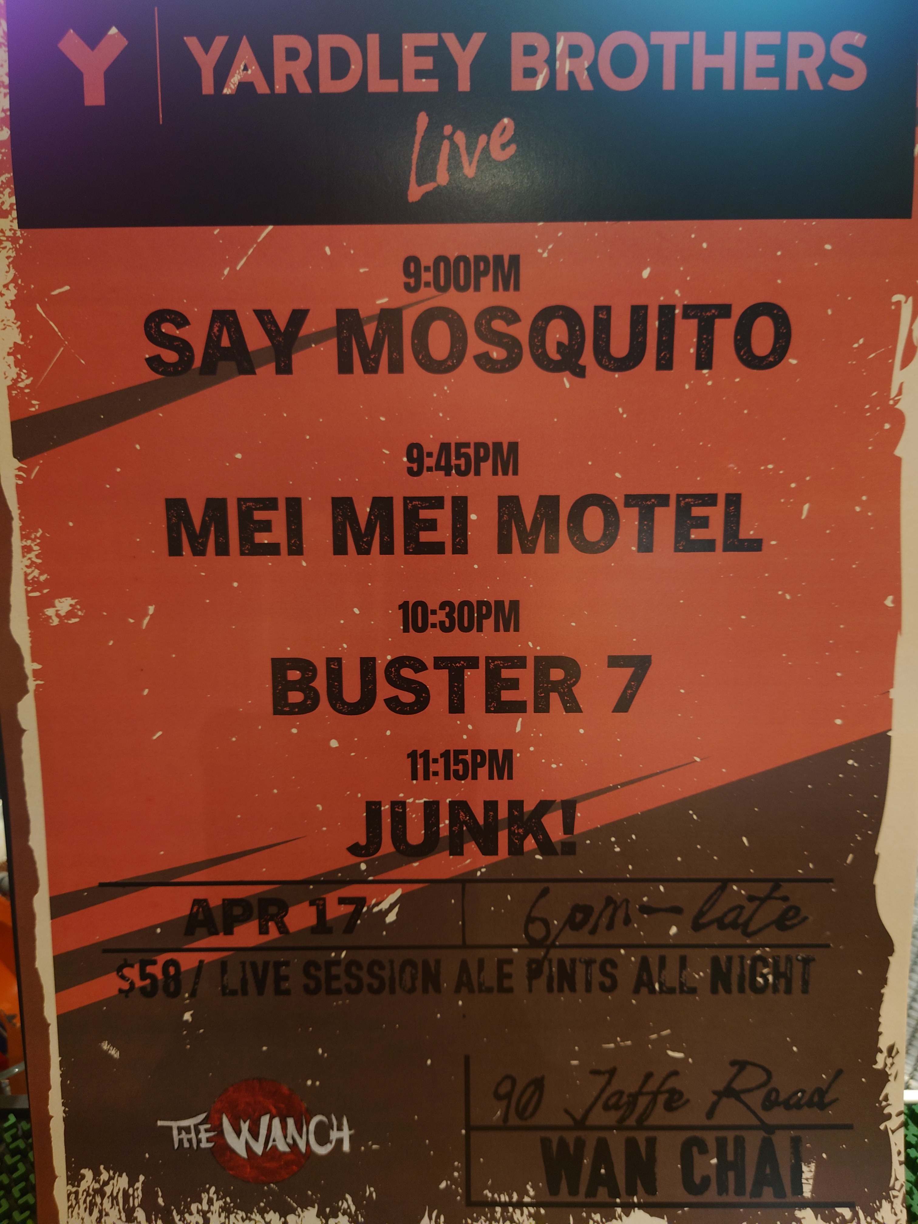 7pm Acoustic Happy Hour Featuring LarryZ 9pm Yardley Brothers Live Featuring Say Mosquito, Mei Mei Motel, Buster 7, & JUNK