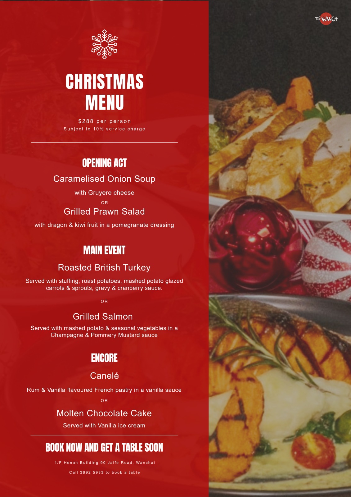 Festive Christmas Menu at The Wanch Dec 2nd thru Dec 24th $288/Person