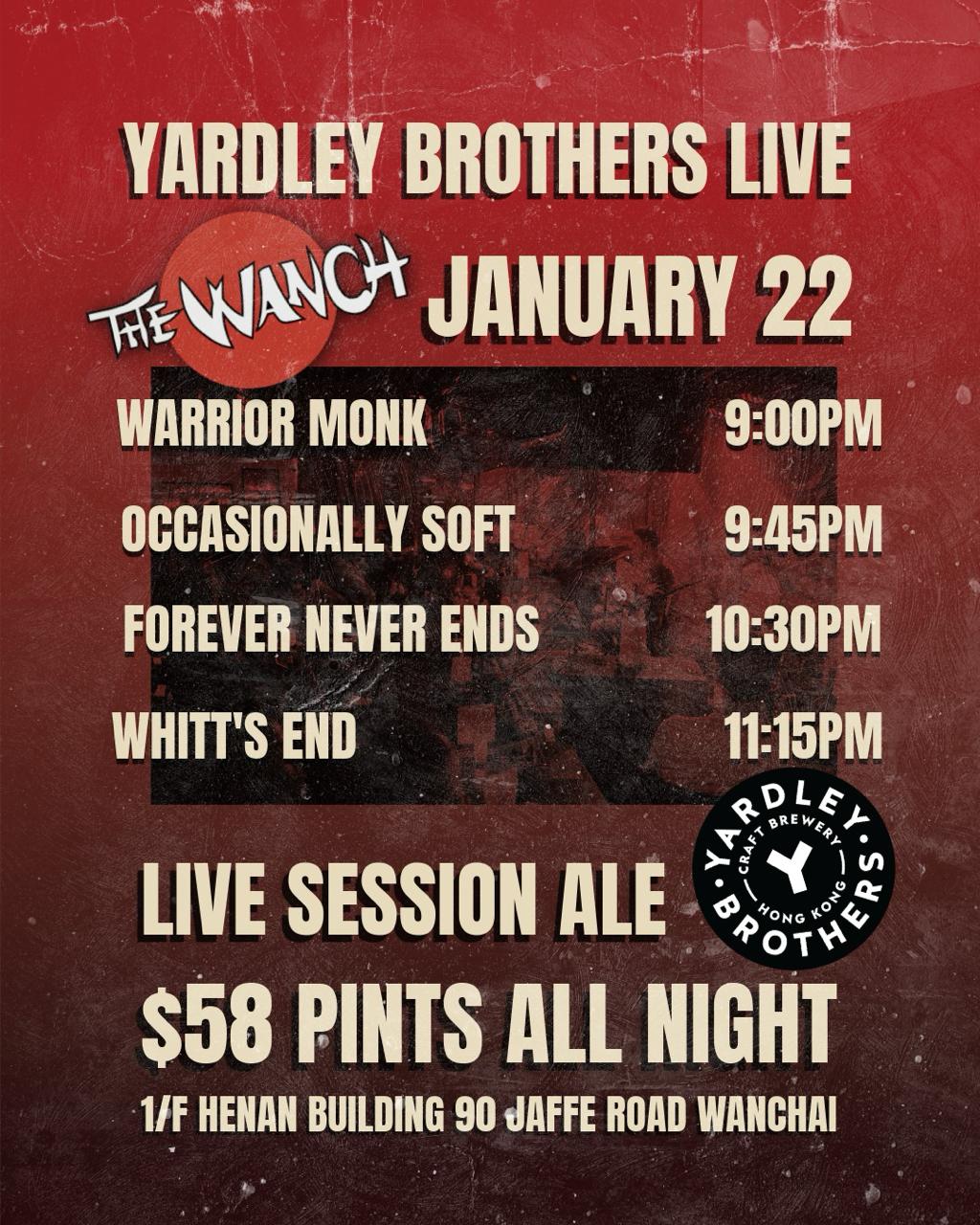 7pm Acoustic Happy Hour Featuring Eduin 9pm Yardley Brothers Live Featuring Warrior Monk, Occasionally Soft, Forever Never Ends, & Whitt’s End